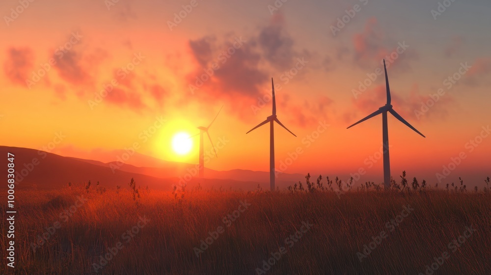 A wind farm with three wind turbines and a sun setting in the background A wind farm with three wind turbines and a sun setting in the background