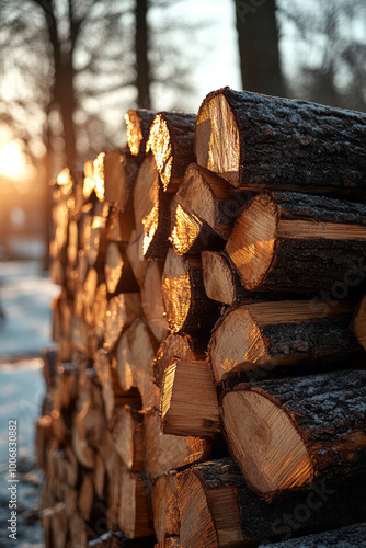 A pile of neatly stacked firewood, with the person wiping sweat from their brow, illuminated by soft winter sunlight,