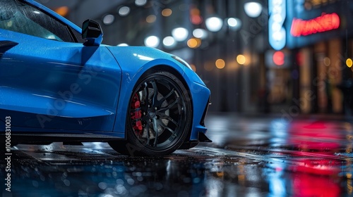 An blue C8 Corvette with black, concave, wide, linear, strong, dynamic design custom forged wheels