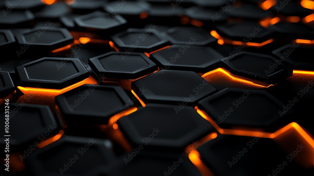 Fototapeta premium Abstract hexagonal black and orange futuristic background design, displaying modern and dynamic patterns with glowing elements.