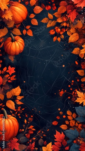 Vibrant autumn leaves and pumpkins on a dark background, perfect for fall decor. photo