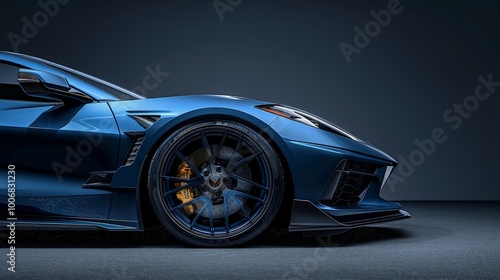 An blue C8 Corvette with black, concave, wide, linear, strong, dynamic design custom forged wheels