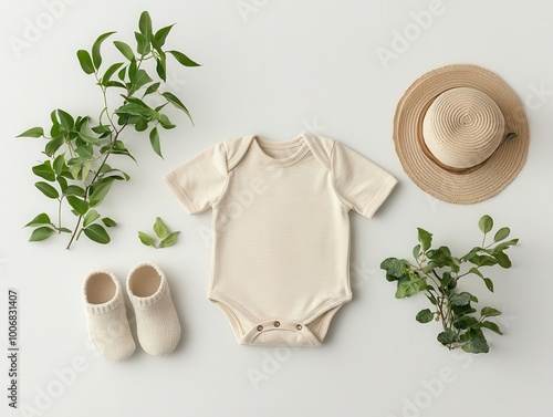 Lightweight organic cotton romper with a matching sun hat and baby sandals, Newborn baby outfit, comfort and breathability photo