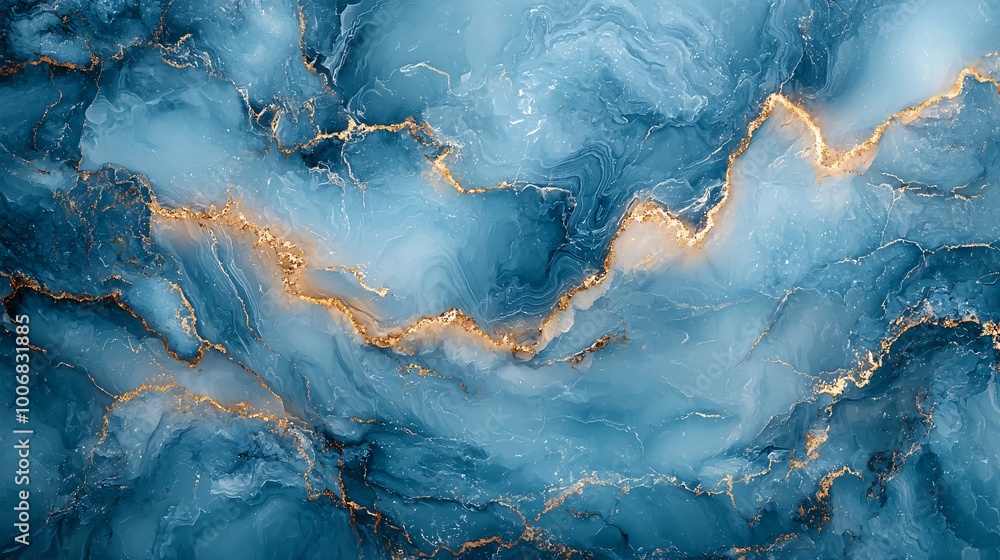 Fototapeta premium A delicate pastel blue marble background with thin gold veins, creating a serene and refined aesthetic