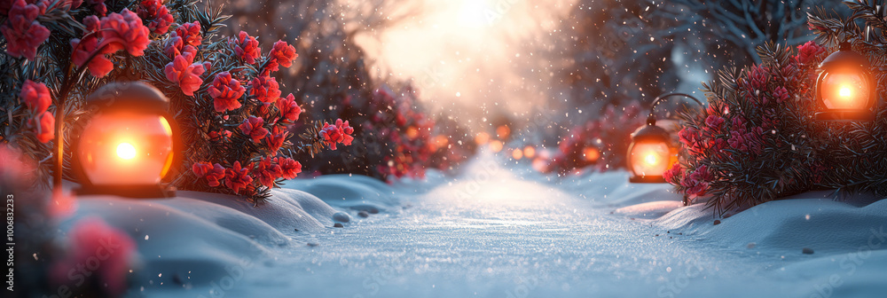 A snowy path with glowing holiday lanterns, isolated on a light pastel background, A snowy path with glowing holiday lanterns, isolated on a light pastel background,