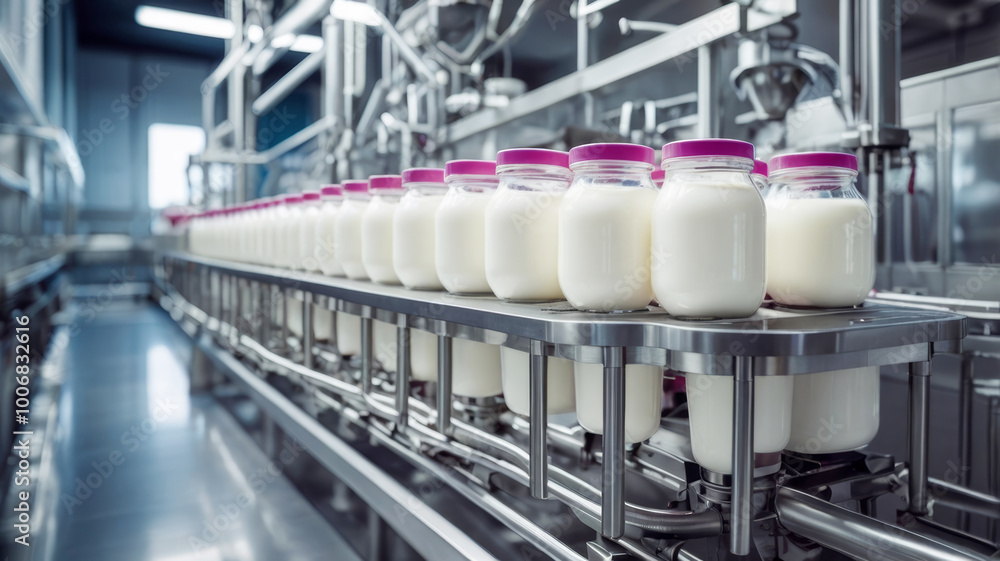 Fototapeta premium Industrial yogurt and berry blending in a fully automated factory line.