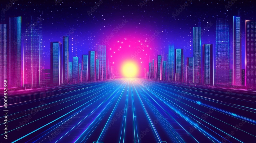 Retro Futuristic City Skyline at Night with Glowing Lights and Rays Retro Futuristic City Skyline at Night with Glowing Lights and Rays