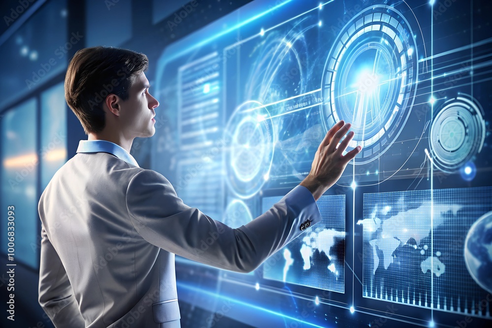 businessman pushing a button on a screen interface businessman pushing a button on a screen interface