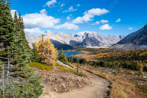 Baker Lake on Skoki Loop trail near Lake Louise, Alberta, Canada on a fall day.