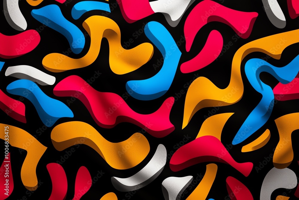 Colorful abstract pattern with wavy shapes in red, yellow, blue, white on black background. Modern vibrant design. Colorful abstract pattern with wavy shapes in red, yellow, blue, white on black background. Modern vibrant design.