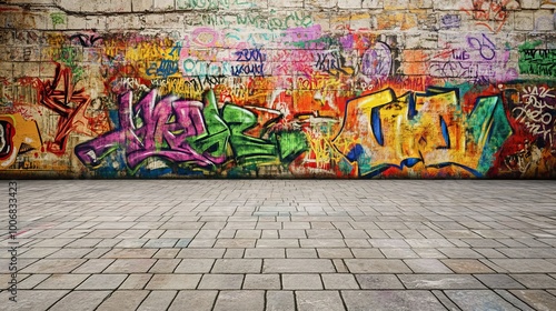 A vivid urban landscape showcases a graffiti wall bursting with colors and shapes, reflecting artistic freedom and creativity. photo