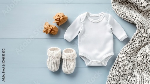 Cute cotton onesie paired with matching baby booties and a swaddle blanket, Newborn baby outfit, comfort and warmth photo