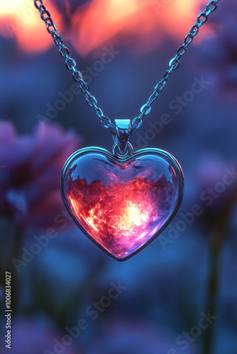 A glowing heart pendant on a necklace, symbolizing love, isolated on a pastel surface,