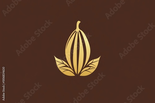 A sleek and elegant logo design featuring a golden cocoa bean silhouette with leaves, set against a deep brown background, creating a luxurious and modern look photo