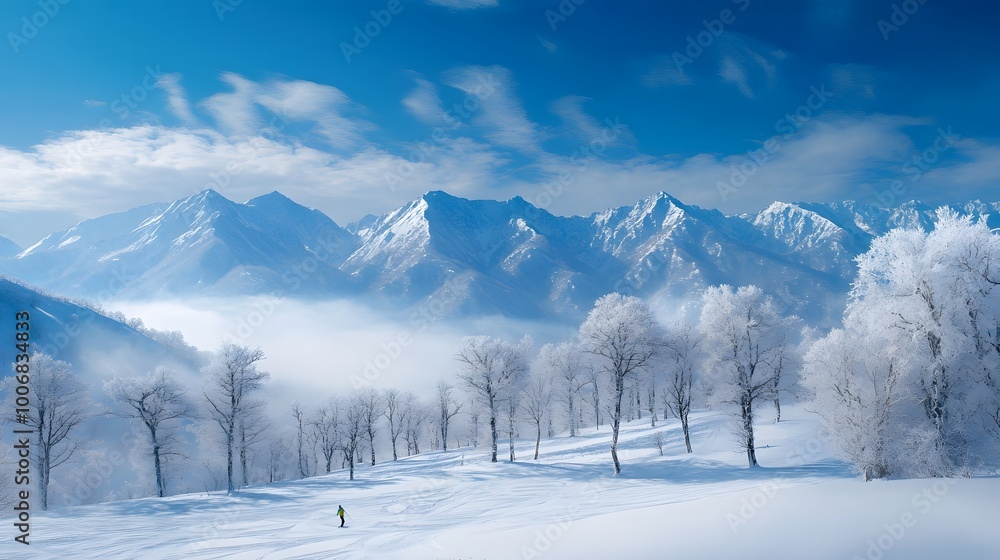 A snow-covered mountain range under a clear blue sky, with white clouds swirling around the peaks. A snow-covered mountain range under a clear blue sky, with white clouds swirling around the peaks.