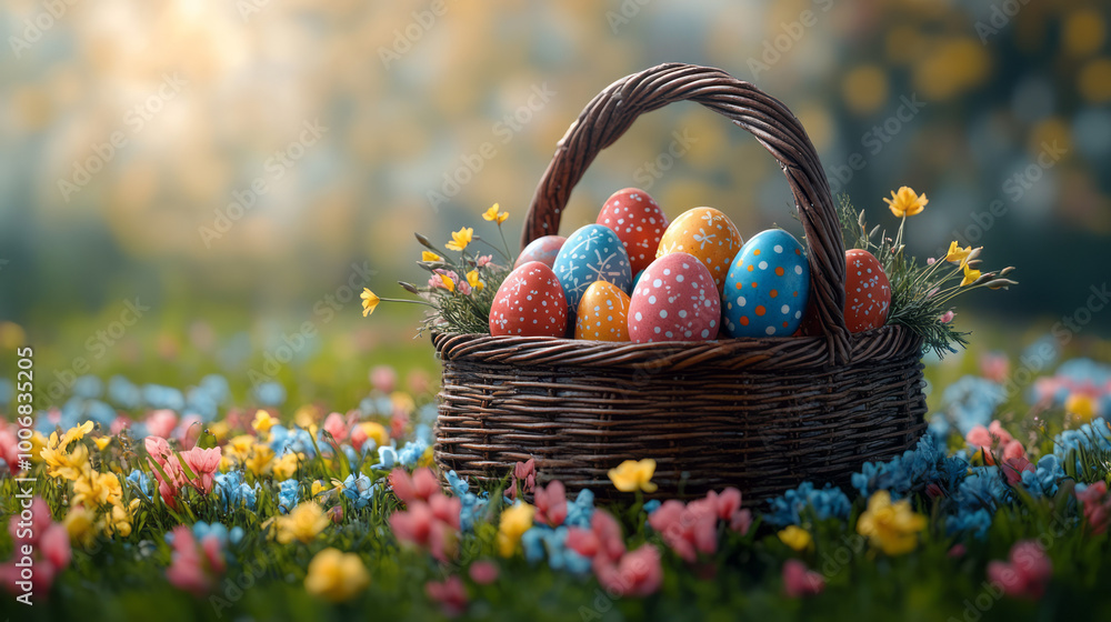 A basket filled with colorful Easter eggs, isolated on a soft pastel background, A basket filled with colorful Easter eggs, isolated on a soft pastel background,