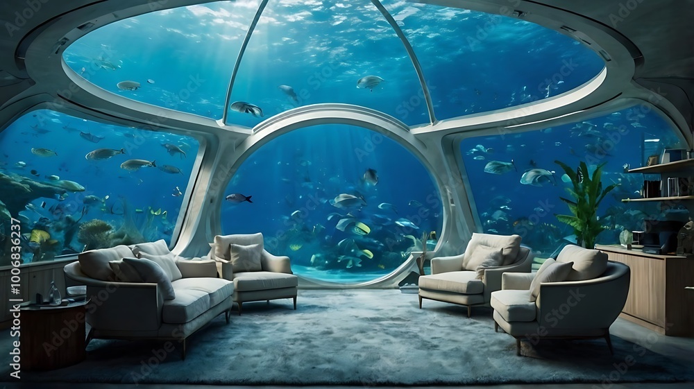 Fototapeta premium Futuristic underwater cities enclosed in transparent domes, allowing inhabitants to live beneath the ocean while observing marine life, promoting ocean exploration and sustainable living.