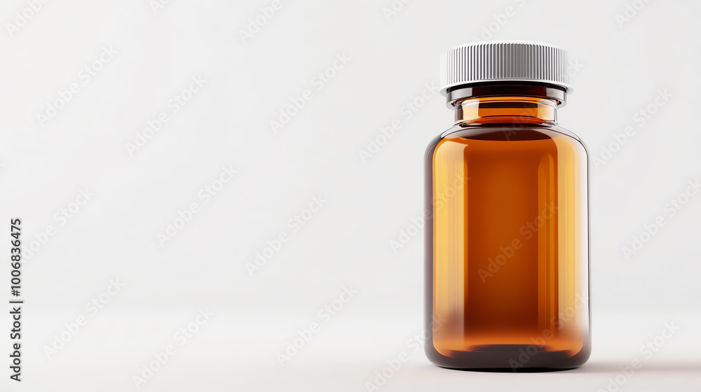 Amber glass bottle with a silver lid on a white isolated background. Amber glass bottle with a silver lid on a white isolated background.