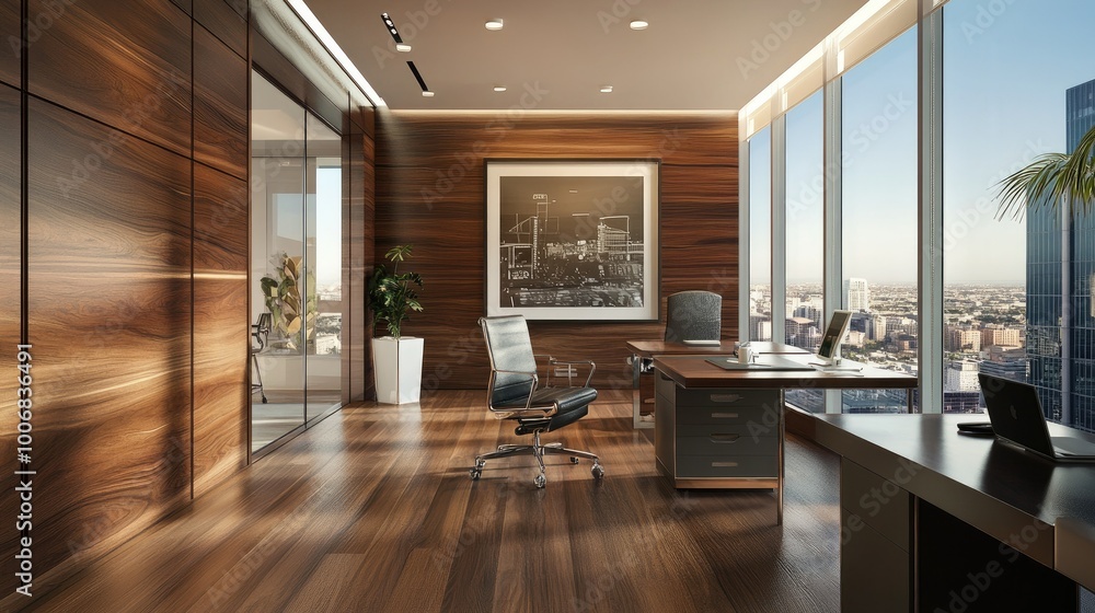 Modern, well-lit office with a wooden wall displaying a large framed poster, sleek desks, and expansive windows that brighten the open space. Modern, well-lit office with a wooden wall displaying a large framed poster, sleek desks, and expansive windows that brighten the open space.