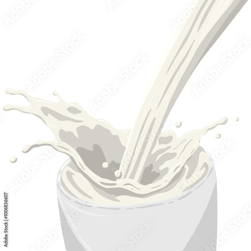 A milk being poured into a white cup, creating an energetic splash. Ideal for dairy related designs, highlighting purity, freshness, and nutritional value. Perfect for food or drink themes.