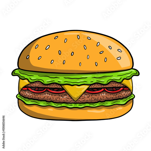 Cartoon style burger illustration featuring a juicy beef patty, crispy bacon, melted cheese, and fresh lettuce, all tucked between a soft sesame seed bun. Delicious burger, colored image.