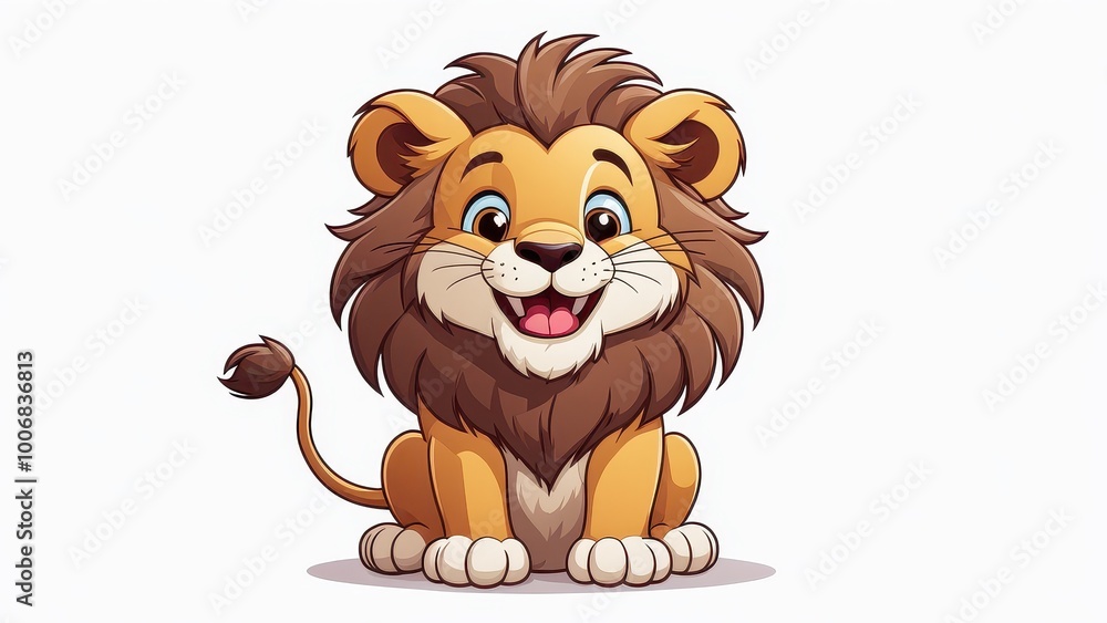A cheerful cartoon lion with a big smile and fluffy mane, sitting happily. A cheerful cartoon lion with a big smile and fluffy mane, sitting happily.