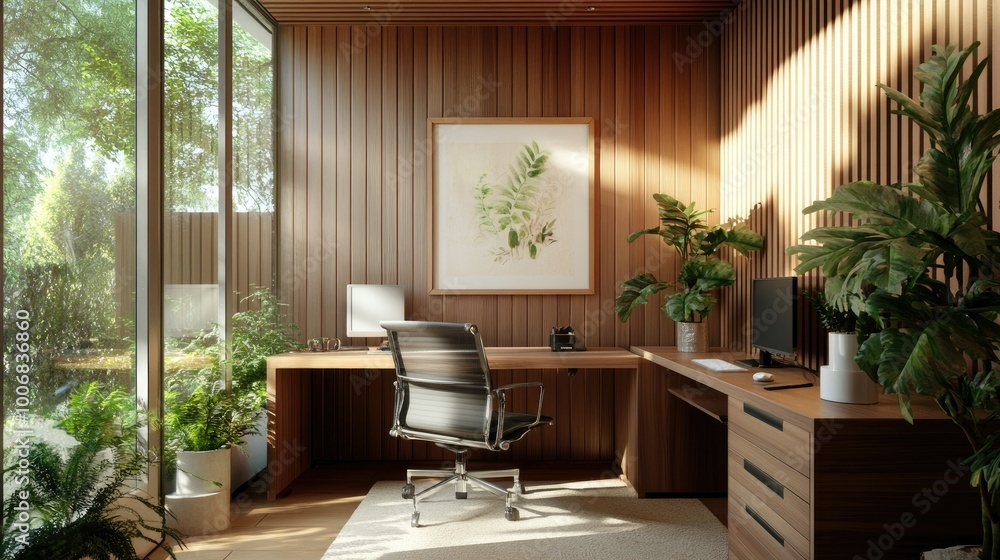 Fototapeta premium Modern office with wooden wall art, large windows, and a clean desk setup. Bright and open with an artistic framed poster adding a stylish touch.