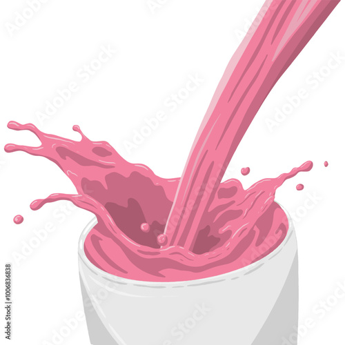 Illustration of a pink liquid being poured into a white cup, splashing with dynamic motion. Ideal for beverage or food-related concepts, emphasizing freshness and energy. Strawberry milk.
