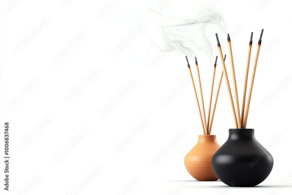 Aromatic incense sticks in two stylish holders with smoke, white isolate background. Aromatic incense sticks in two stylish holders with smoke, white isolate background.
