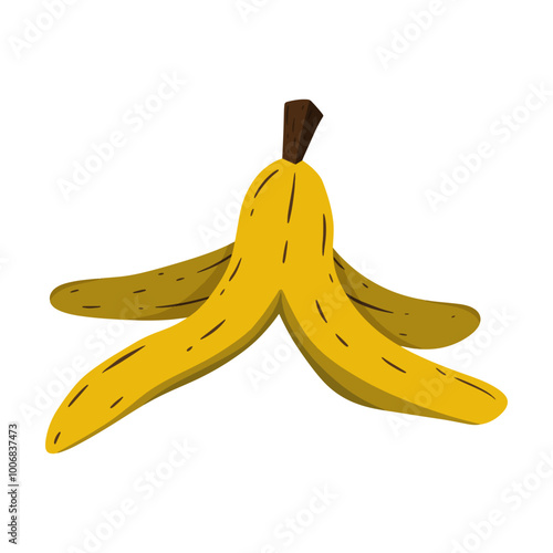 bright yellow banana peel, isolated on white background. The playful design captures a fun and quirky vibe, perfect for creative projects or designs with a humorous touch.