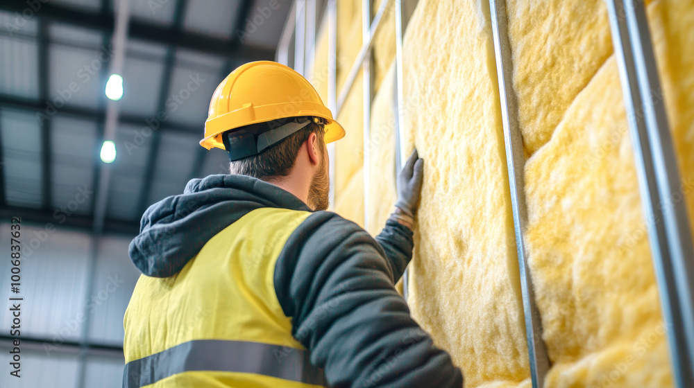 A worker insulates an industrial building with yellow rock wool in a metal frame structure for energy efficiency in a rustic setting A worker insulates an industrial building with yellow rock wool in a metal frame structure for energy efficiency in a rustic setting