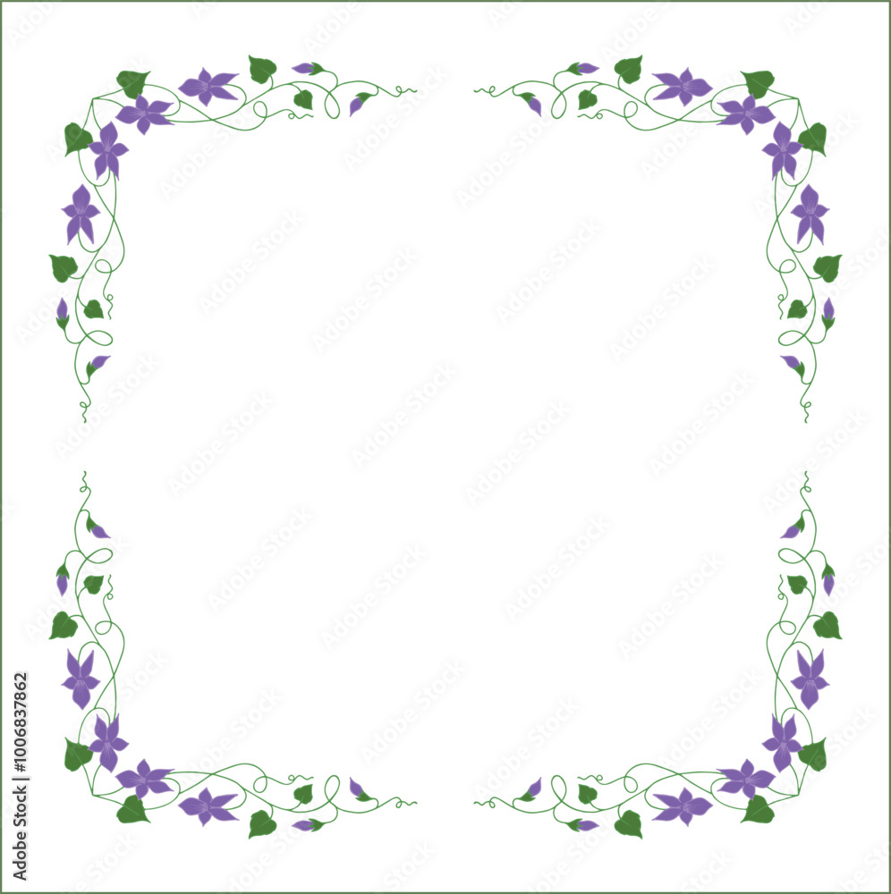 Elegant green vegetal ornamental frame with violet flowers, decorative border, corners for greeting cards, banners, business cards, invitations, menus. Isolated vector illustration.
Elegant green vegetal ornamental frame with violet flowers, decorative border, corners for greeting cards, banners, business cards, invitations, menus. Isolated vector illustration.