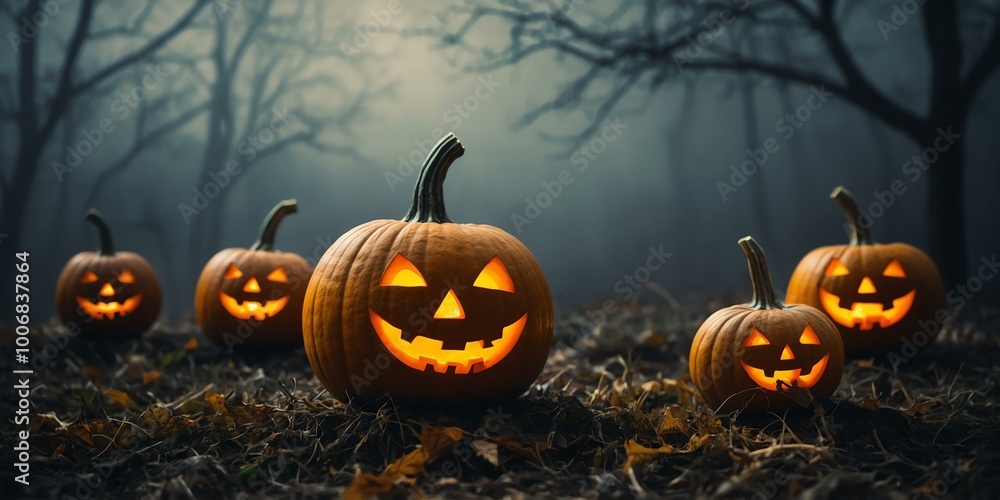 abstract eerie glowing yellow lined up Halloween pumpkin on misty background, bokeh background abstract eerie glowing yellow lined up Halloween pumpkin on misty background, bokeh background