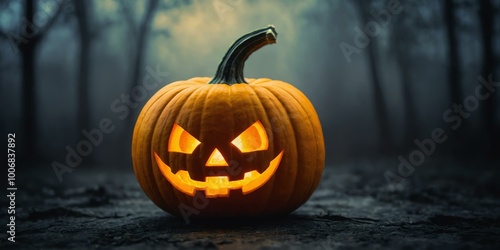 abstract eerie glowing yellow lined up Halloween pumpkin on misty background, bokeh background photo