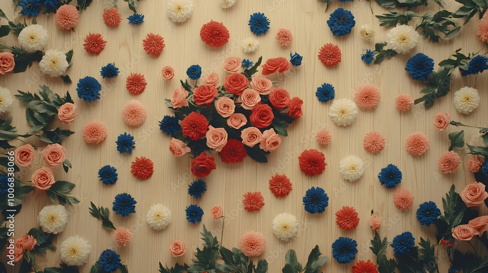 A vibrant floral arrangement featuring red, white, and blue flowers. A vibrant floral arrangement featuring red, white, and blue flowers.