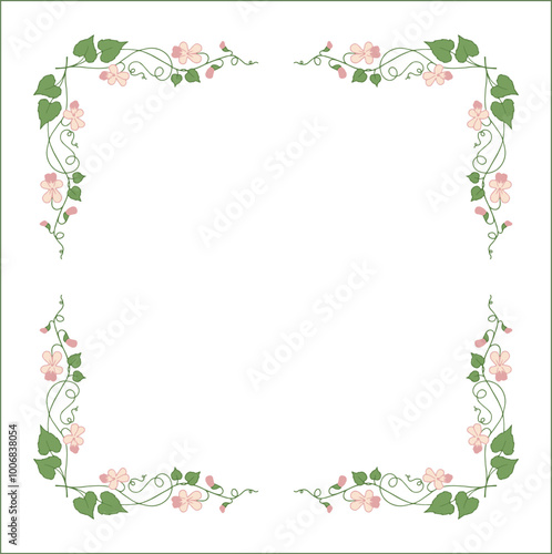 Elegant green vegetal ornamental frame with beige violet flowers, decorative border, corners for greeting cards, banners, business cards, invitations, menus. Isolated vector illustration.	
