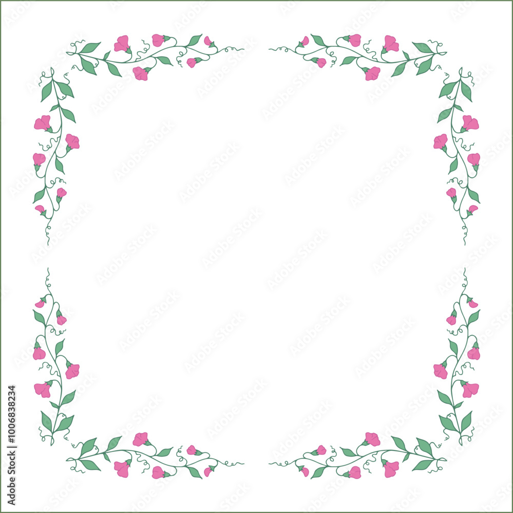 Vegetal floral frame with pea leaves and pink flowers, decorative corners for greeting cards, banners, business cards, invitations, menus. Isolated vector illustration.
Vegetal floral frame with pea leaves and pink flowers, decorative corners for greeting cards, banners, business cards, invitations, menus. Isolated vector illustration.