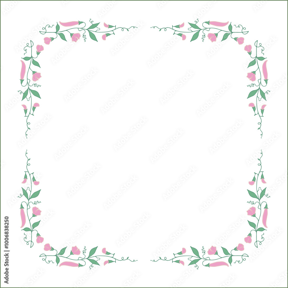 Vegetal floral frame with pea leaves and pink flowers, decorative corners for greeting cards, banners, business cards, invitations, menus. Isolated vector illustration.
Vegetal floral frame with pea leaves and pink flowers, decorative corners for greeting cards, banners, business cards, invitations, menus. Isolated vector illustration.
