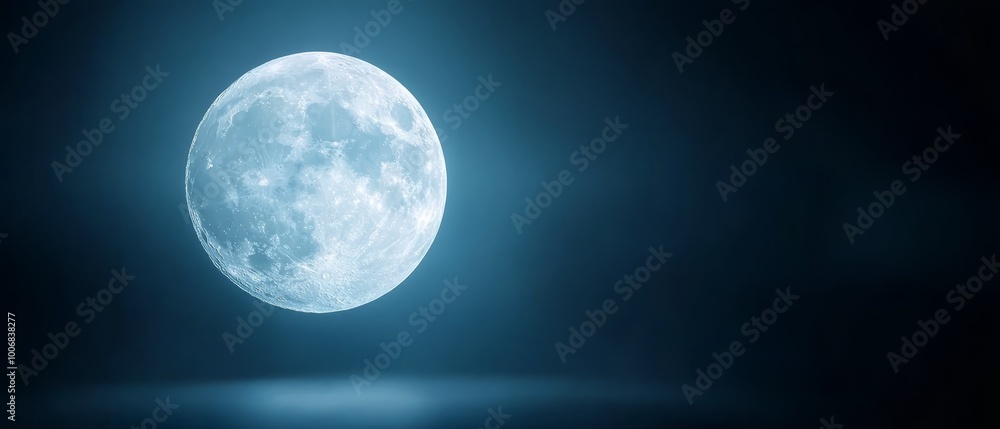 A tight shot of a blue moon against a dark backdrop, its surface gently mirroring soft luminescence from the night A tight shot of a blue moon against a dark backdrop, its surface gently mirroring soft luminescence from the night