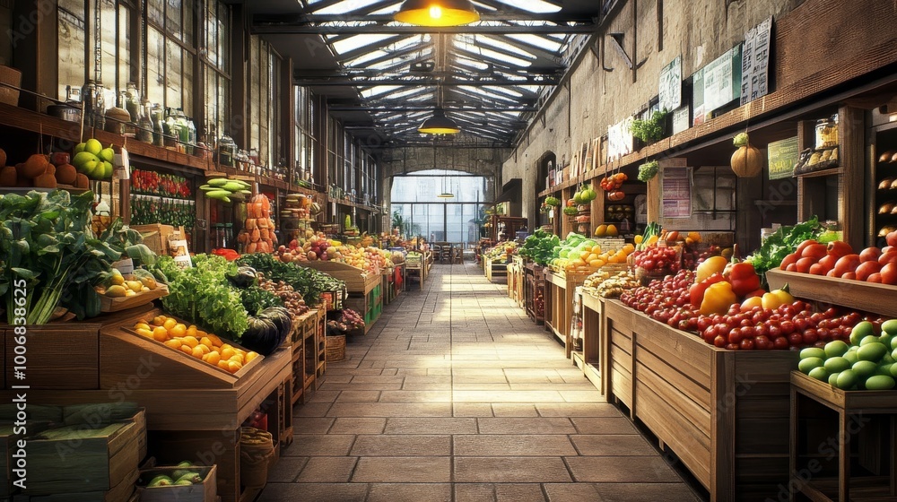 A sunlit aisle reveals vibrant and fresh fruits and vegetables artistically arranged in an indoor farmers' market setting. A sunlit aisle reveals vibrant and fresh fruits and vegetables artistically arranged in an indoor farmers' market setting.