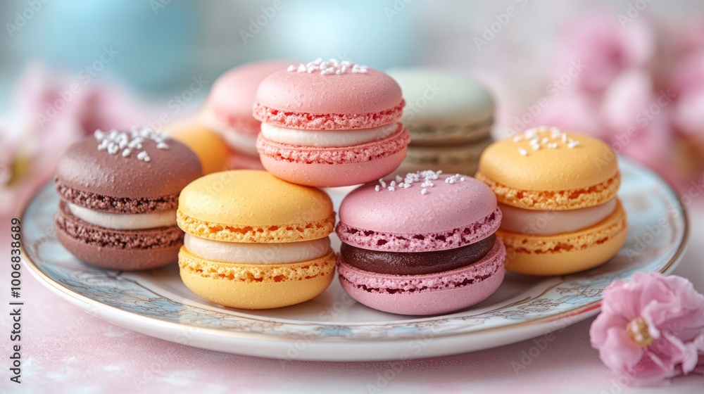 A set of colorful macarons arranged on a plate, isolated on a pastel backdrop, A set of colorful macarons arranged on a plate, isolated on a pastel backdrop,