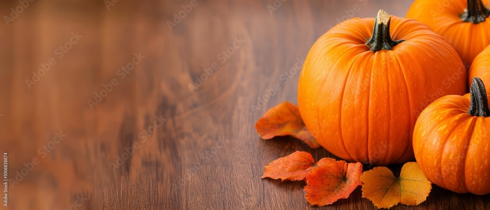 A collection of small pumpkins atop a wooden table, adjacent to a mound of leaves on another nearby table A collection of small pumpkins atop a wooden table, adjacent to a mound of leaves on another nearby table