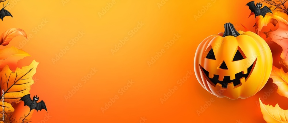 Pumpkins & Bats against Bright Orange Backdrop..Text/Image Space Pumpkins & Bats against Bright Orange Backdrop..Text/Image Space