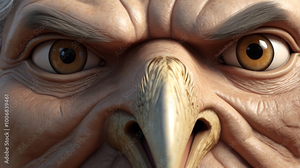 A close-up 3D render of an elderly man's face transformed with owl characteristics, featuring large, wise eyes, soft feathers around his cheeks, and a beak-like nose, conveying wisdom and insight. A close-up 3D render of an elderly man's face transformed with owl characteristics, featuring large, wise eyes, soft feathers around his cheeks, and a beak-like nose, conveying wisdom and insight.