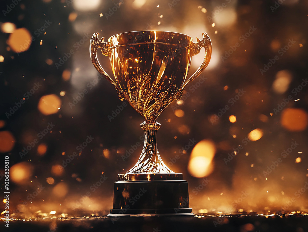 Glorious Golden Trophy Surrounded by Sparkling Confetti Celebrating Achievement and Success Glorious Golden Trophy Surrounded by Sparkling Confetti Celebrating Achievement and Success