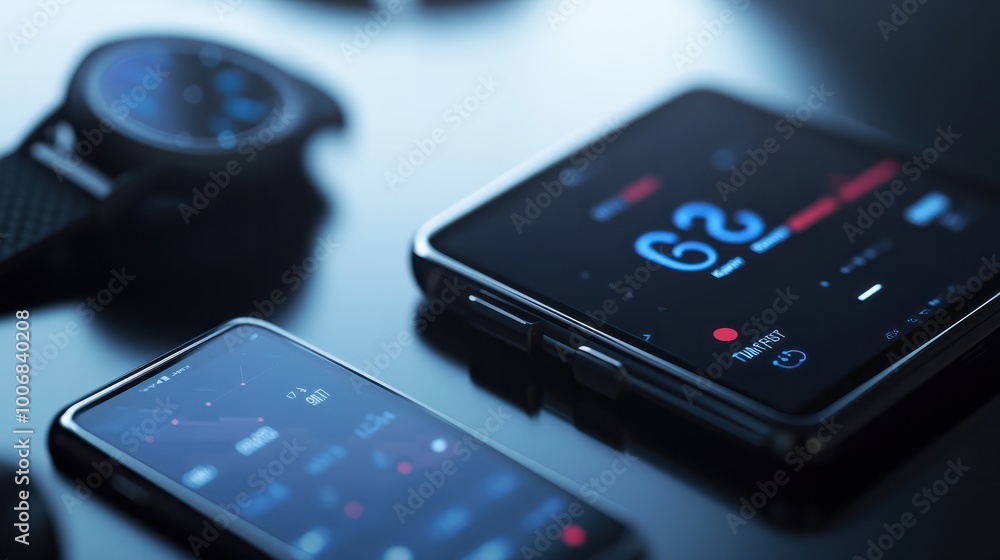 Detailed shot of a black fitness watch and smartphone, focusing on the activity tracker screen with selective focus. Detailed shot of a black fitness watch and smartphone, focusing on the activity tracker screen with selective focus.