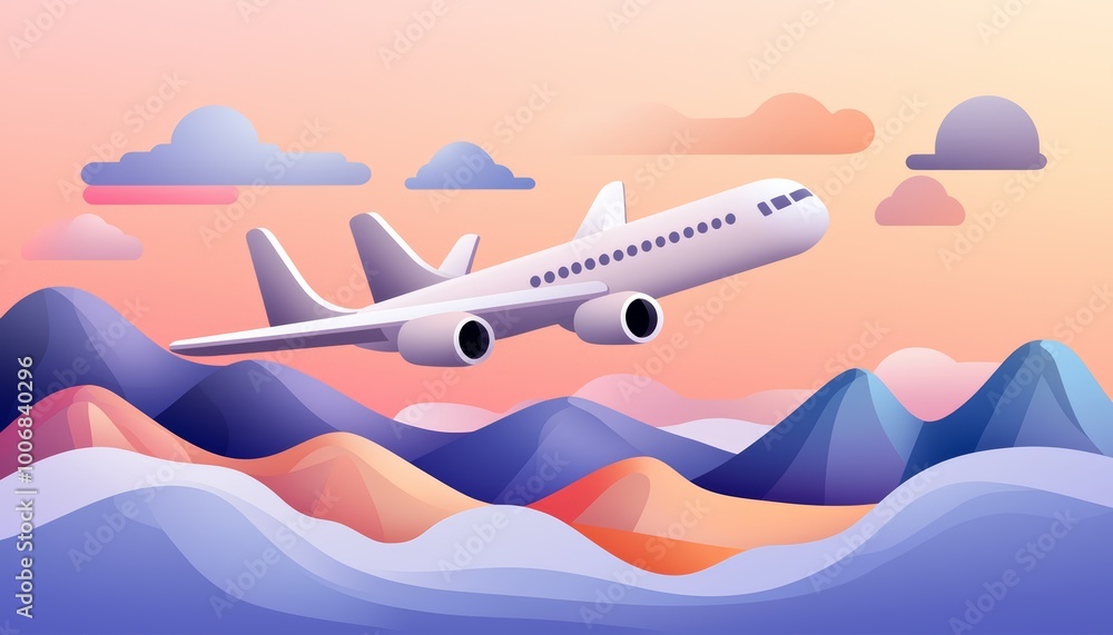 A cartoon plane flying over the mountains, with simple clouds and a flat, colorful sky A cartoon plane flying over the mountains, with simple clouds and a flat, colorful sky