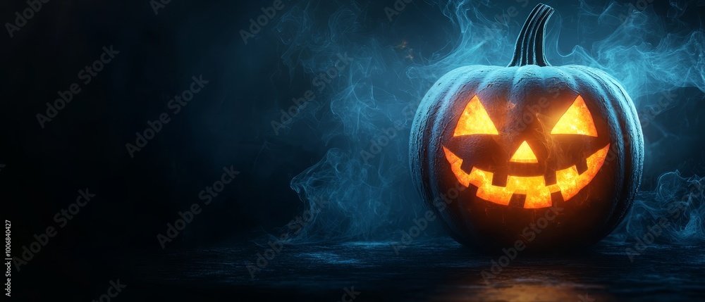 A glowing jack-o-lantern in the dark, emitting smoke from its sides In the midst, another glows brightly A glowing jack-o-lantern in the dark, emitting smoke from its sides In the midst, another glows brightly