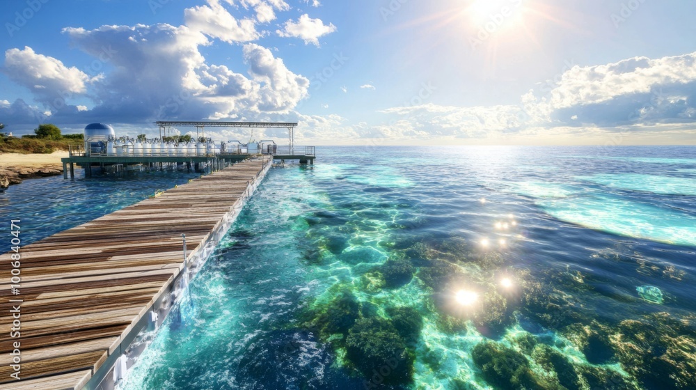 Serene Coastal View with Pier and Clear Waters Serene Coastal View with Pier and Clear Waters