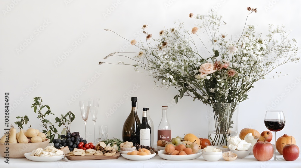 Fototapeta premium Elegant spread of fruits, cheese, and wine with fresh flowers as a centerpiece.